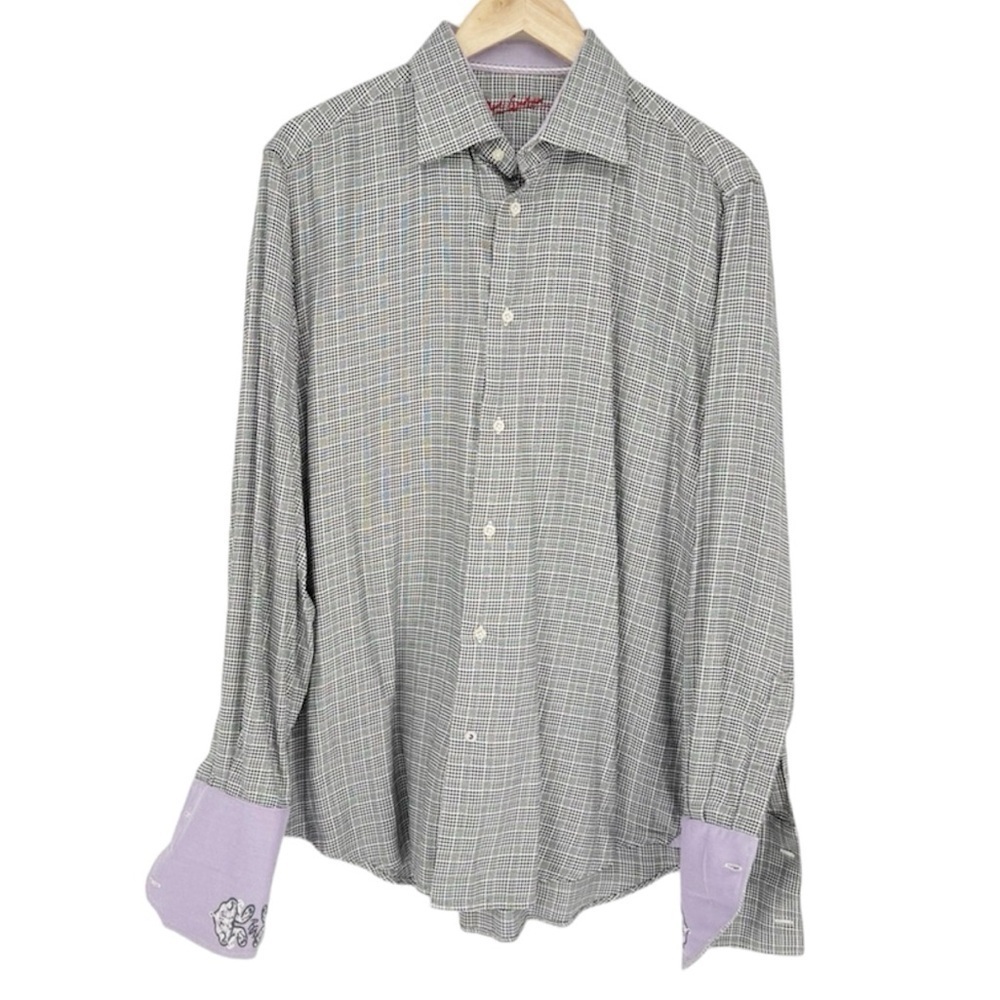 ROBERT GRAHAM Mens Black White Check Purple‎ Contrast French Cuff Shirt